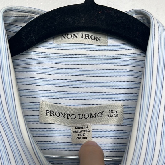 Pronto Uomo Blue Striped Non-Iron Button Up Dress Shirt Men's Sz 16 1/2 / 34 -35 - Picture 2 of 4